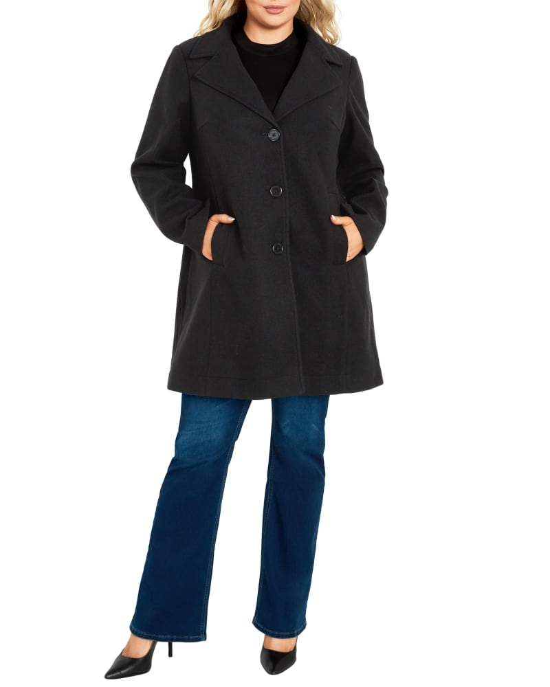 Front of a model wearing a size 20 COAT ELLE FAUX WOOL in Black by avenue. | dia_product_style_image_id:320294